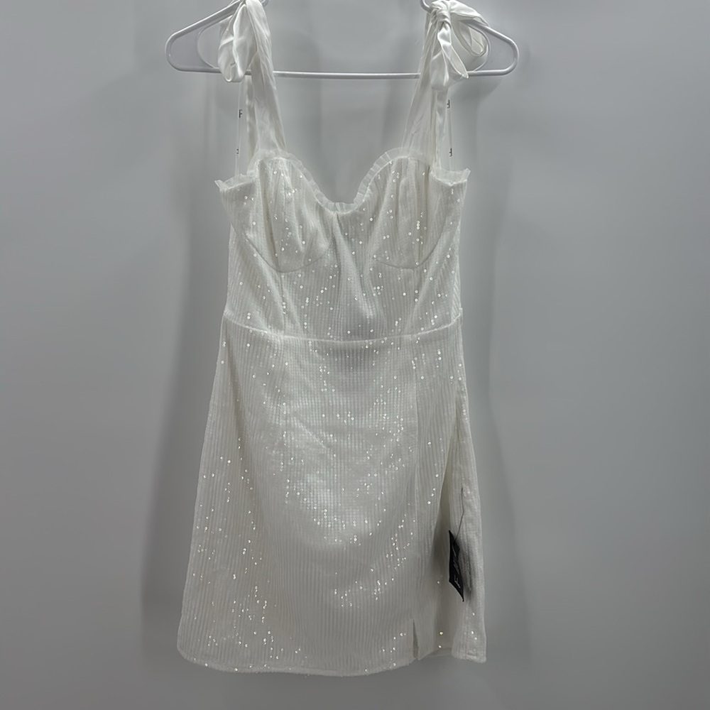 Lulus Glowing Intentions White SEQUIN Bustier Tie-Strap Mini Dress size M NWT - Picture 5 of 16